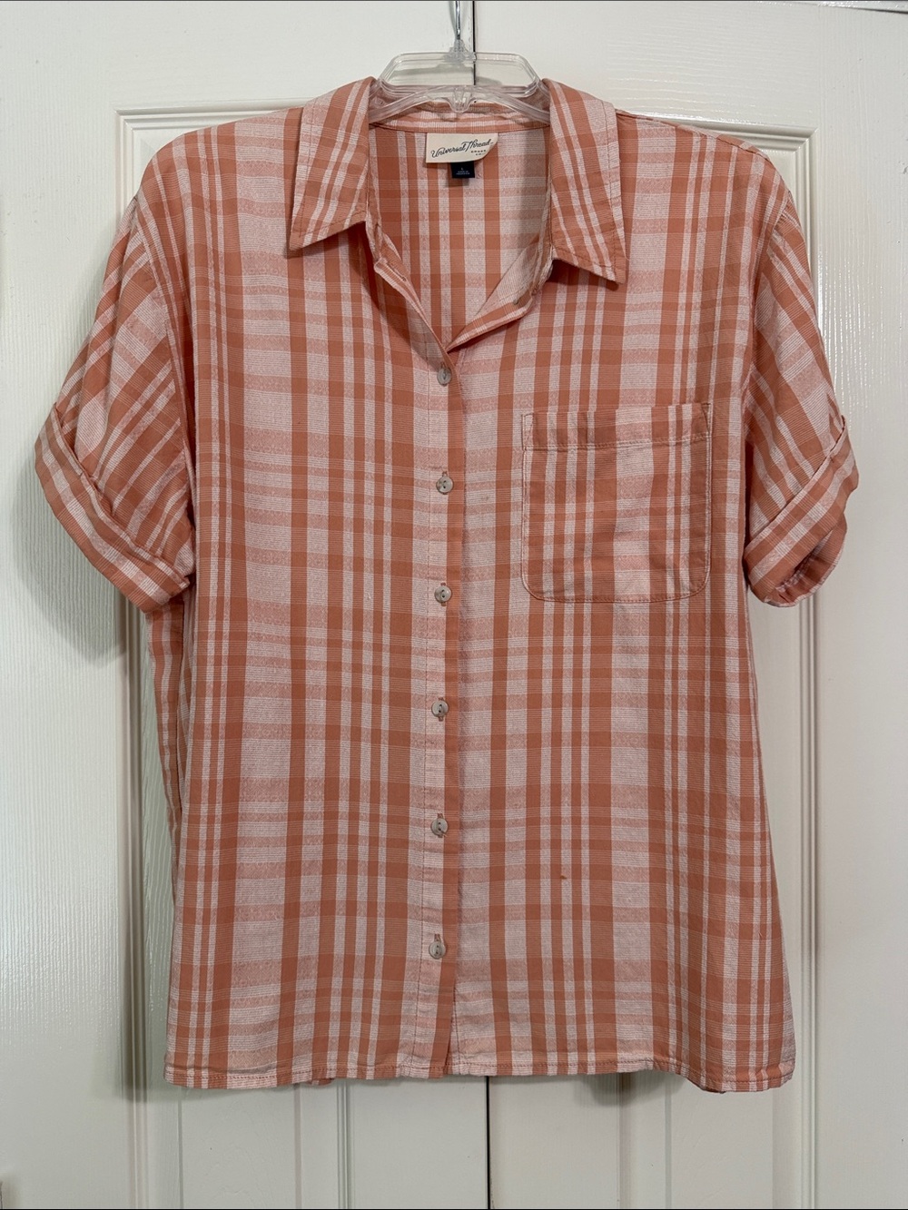 Universal Thread Button Front Plaid Blouse Size Large - Coral & White
